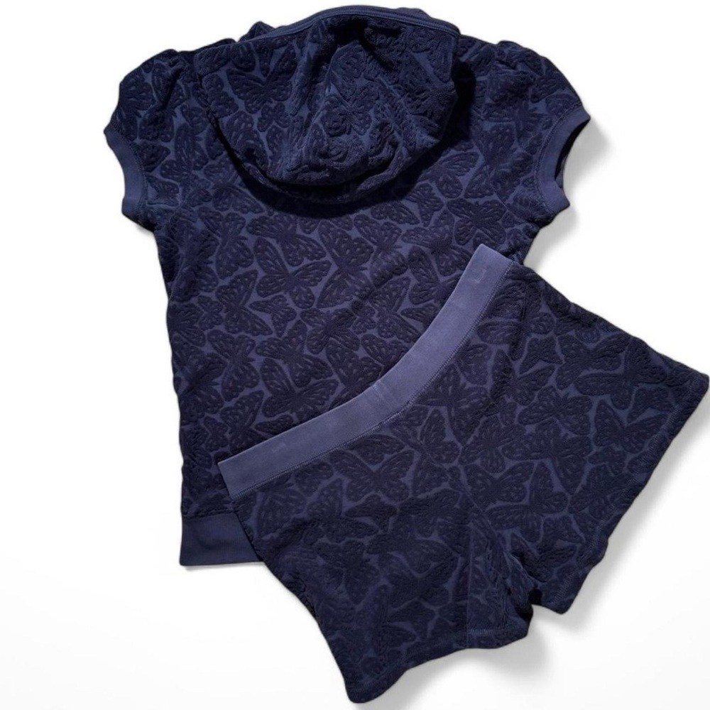 JUICY COUTURE NAVY EMBOSSED BUTTERFLY TERRY CLOTH MATCHING SET HOODIE SHORTS